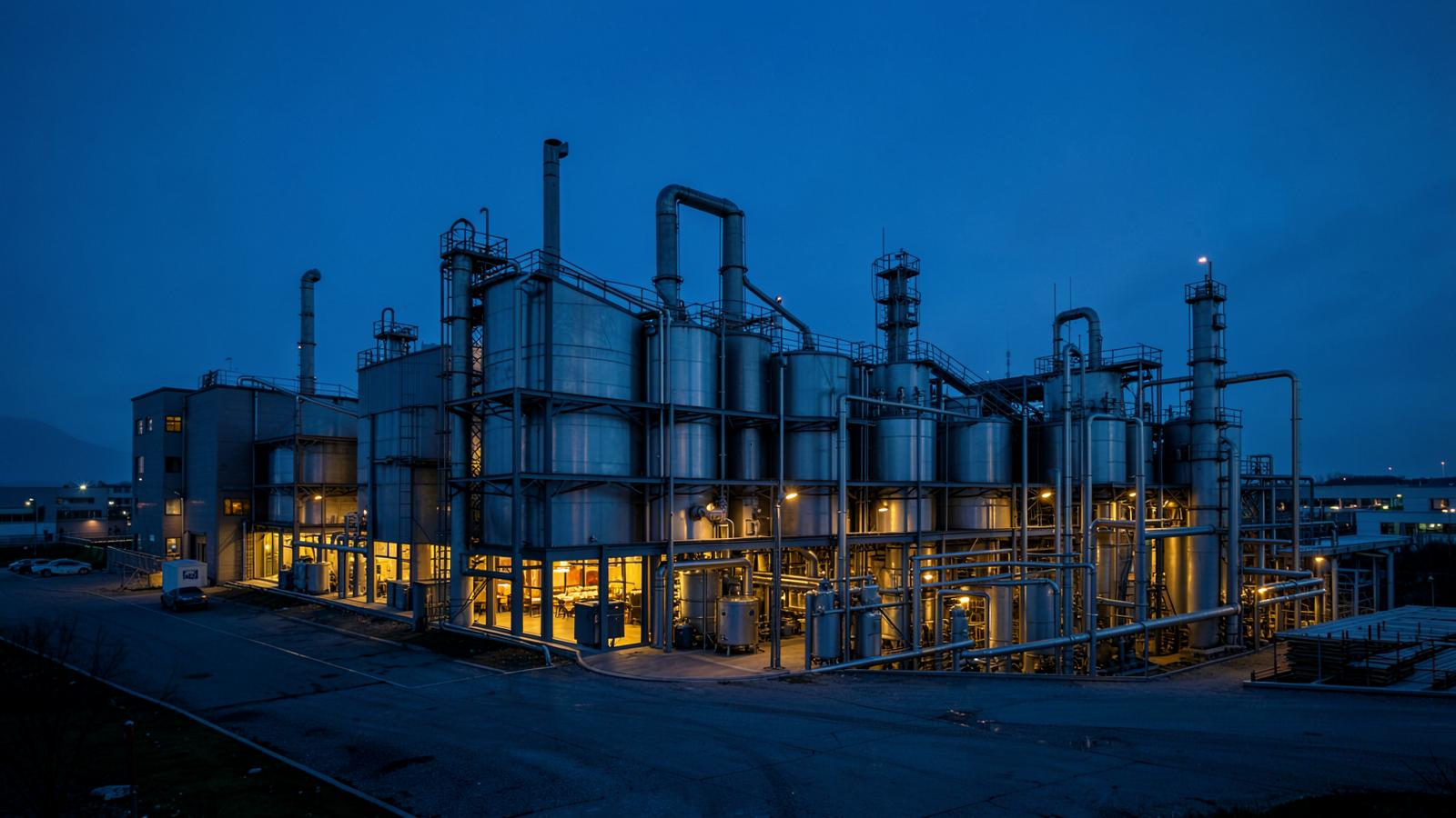Planta industrial com tanques e tubulações iluminada ao anoitecer